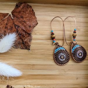Boho Beaded Dangle Earrings with Teal Accent